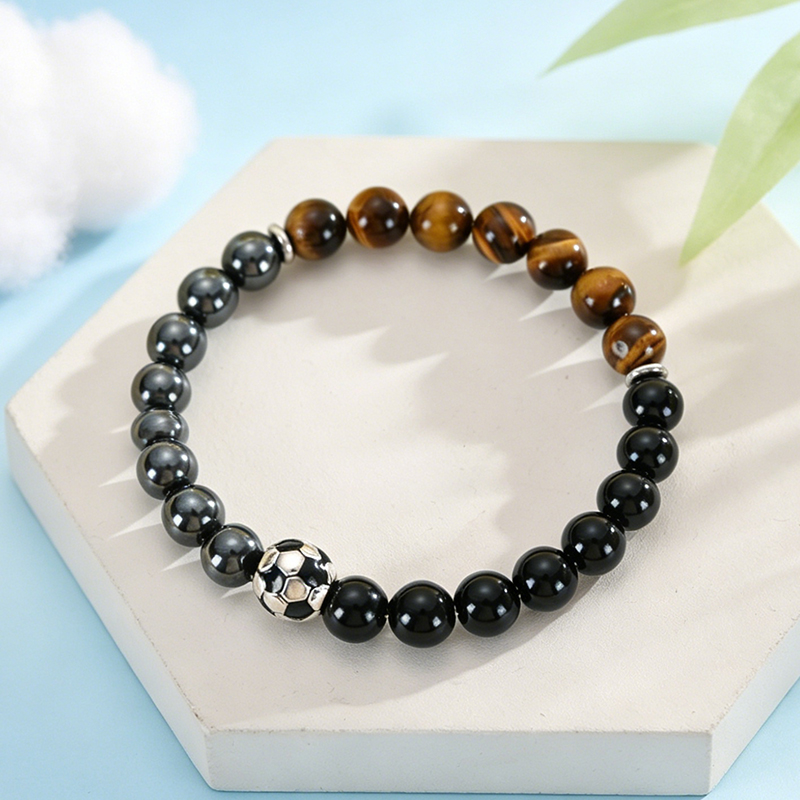 Men'S Accessories Gift Ideas - Bransoletka Piłkarska Czarny Obsydian Biżuteria Sportowa